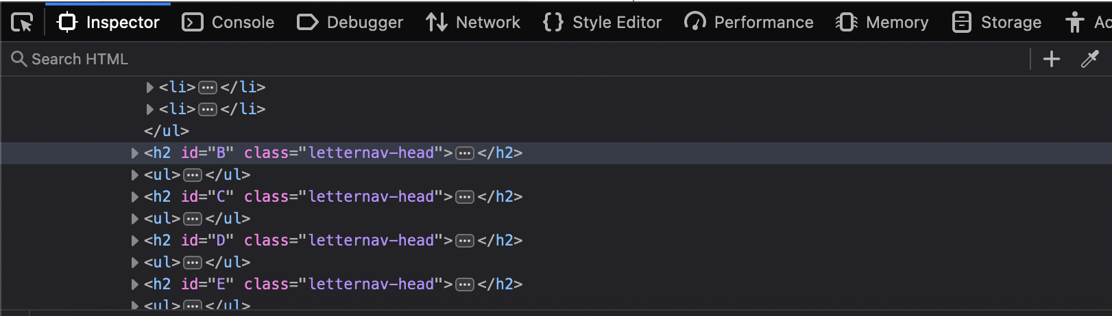 The ul and h2 elements for the alphabetical department listings