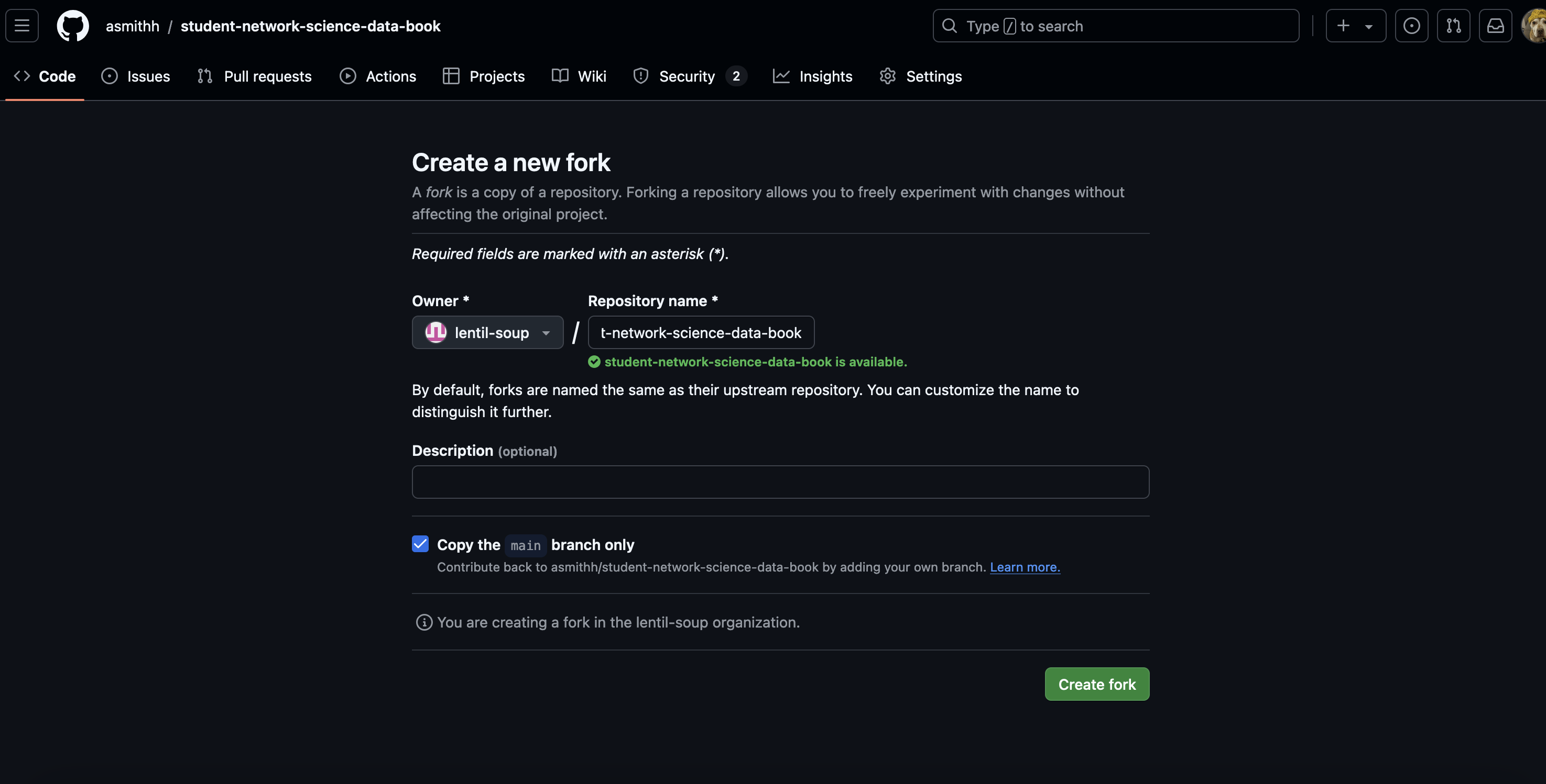 a screenshot of fork creation